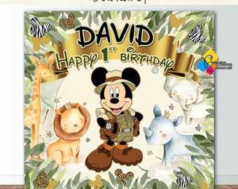 Printable MICKEY Mouse Safari Animals Birthday Backdrop. PERSONALIZED Mickey Mouse Party Background. Mickey Mouse Safari Birthday Banner