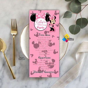 Wydrukuj Minnie Mouse PINK Dinner Menu. Różowa karta menu urodzinowego Minnie Mouse. Spersonalizowany szablon menu na baby shower Minnie Mouse