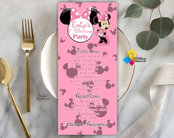 Menu de jantar rosa da Minnie Mouse para impressão. Cartão de menu de aniversário rosa da Minnie Mouse. Modelo de menu personalizado para chá de bebê da Minnie Mouse