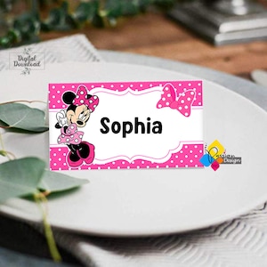 Tente imprimable de carte de lieu de fête d’anniversaire Minnie Mouse. Carte de nom rose vif Minnie Mouse modifiable. Minnie à pois roses. Téléchargement instantané