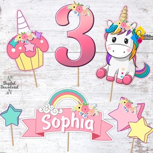 Printable UNICORN Pink Birthday Cake Toppers. Unicorn Party Centerpieces. Table Decorations. Photo Props. Custom DIY Unicorn Decorations