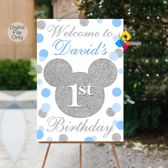 印刷可能なミッキーマウスの誕生日ブルーシルバーウェルカム