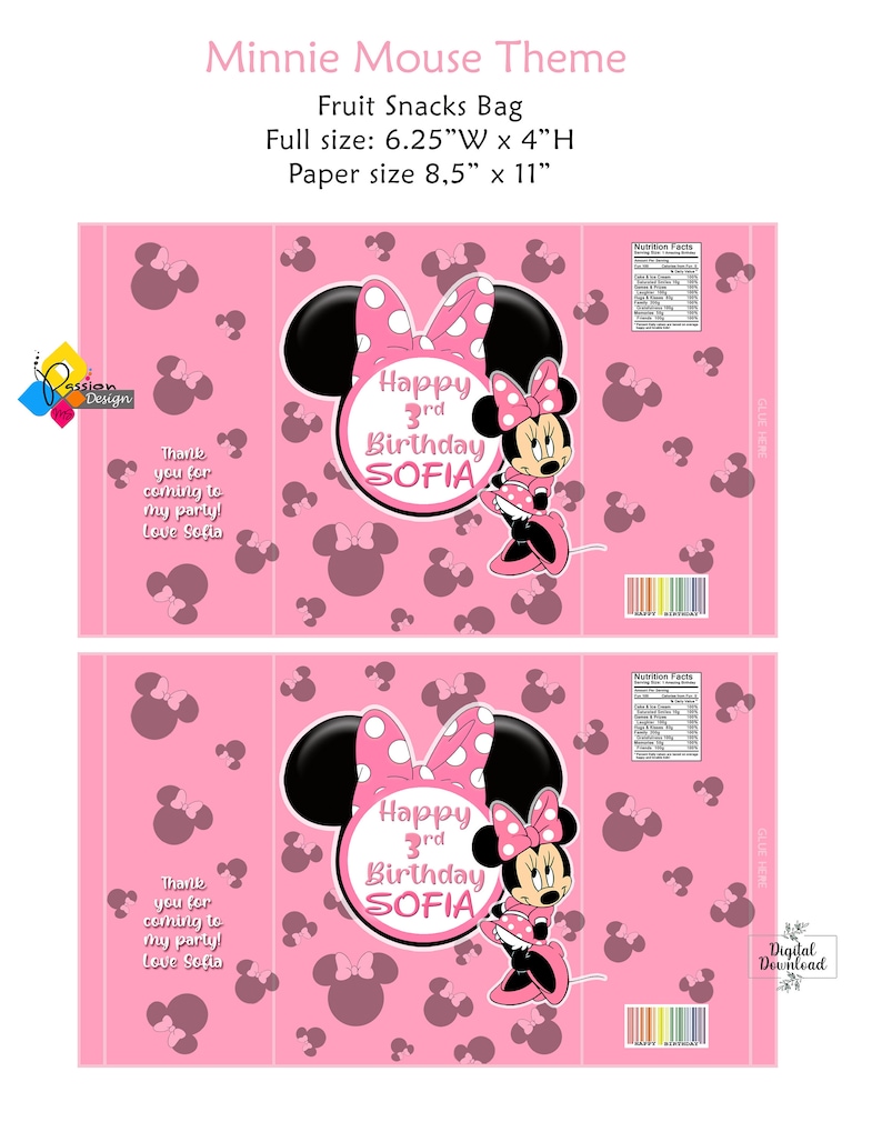 Może przedstawiać: R&oacute;żowa i biała torebka na przekąski z motywem Minnie Mouse z r&oacute;żowym tłem i białymi kropkami. Torebka przedstawia postać Minnie Mouse z czerwoną kokardką i r&oacute;żową sukienką. Tekst na torebce brzmi "Happy 3rd Birthday Sofia".
