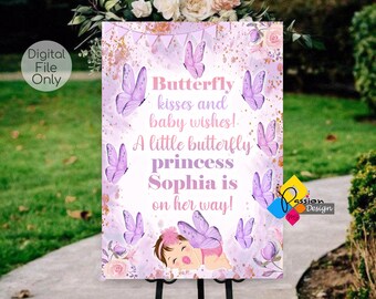 Printable BUTTERFLY BABY SHOWER Girl Purple Welcome Board. Baby Shower Girl Floral Party Decor. Butterfly Princess Digital Welcome Sign