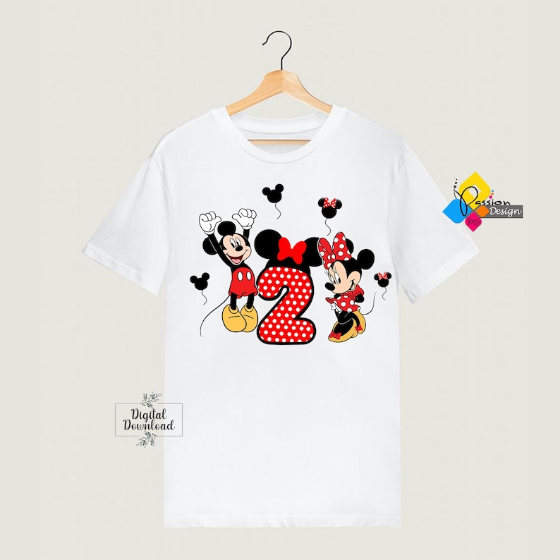 May include: White t-shirt with a red and white number two, Mickey Mouse and Minnie Mouse in front of it. The characters are wearing red shorts and skirts with white polka dots.  The text "Digital Download" is at the bottom of the shirt.