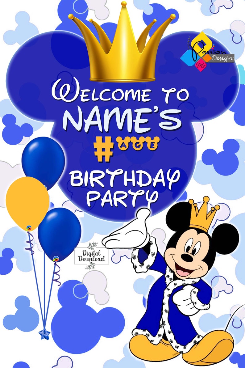 Printable MICKEY MOUSE Prince Birthday Welcome Board. Custom Mickey Mouse Royal Blue Birthday Welcome Sign. Digital Mickey Mouse Poster image 2