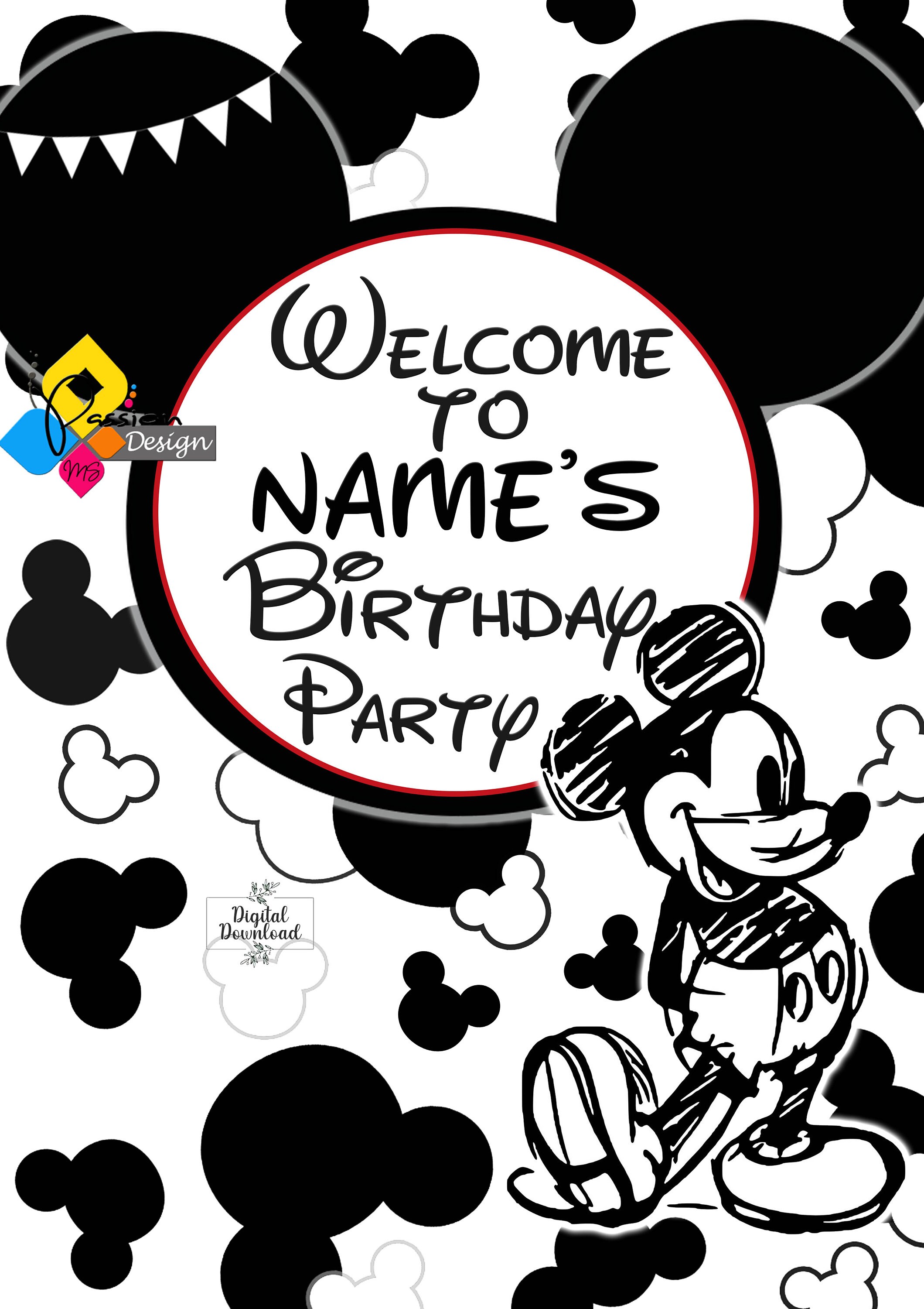 印刷可能なミッキーマウスの描画誕生日ウェルカムボードモノクロ