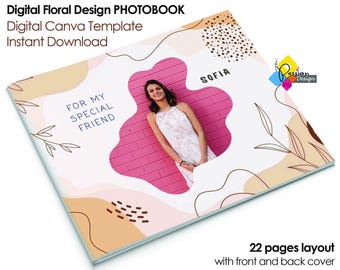 Modelo de álbum de fotos floral editável, álbum de fotos Canva, álbum de fotos minimalista e estético, livro de memórias, download instantâneo