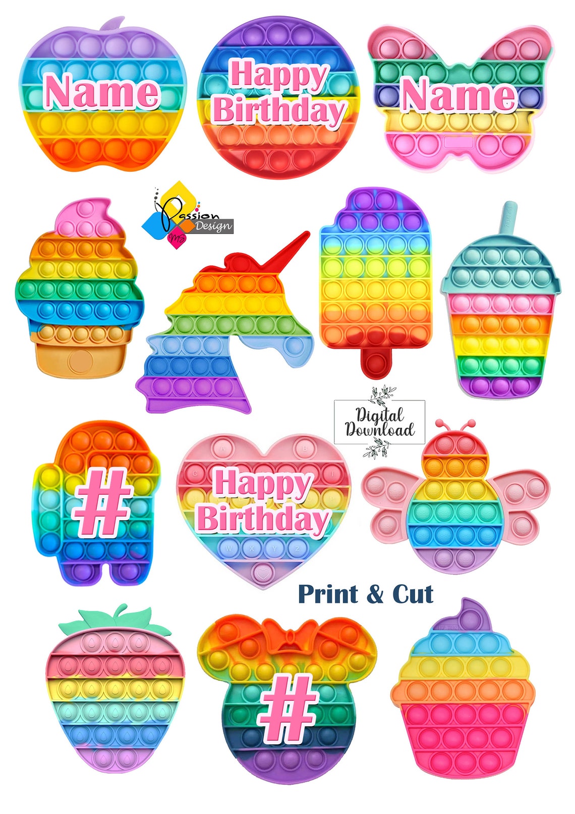 Printable POP IT Fidget Birthday Cupcake Toppers. Personalized - Etsy