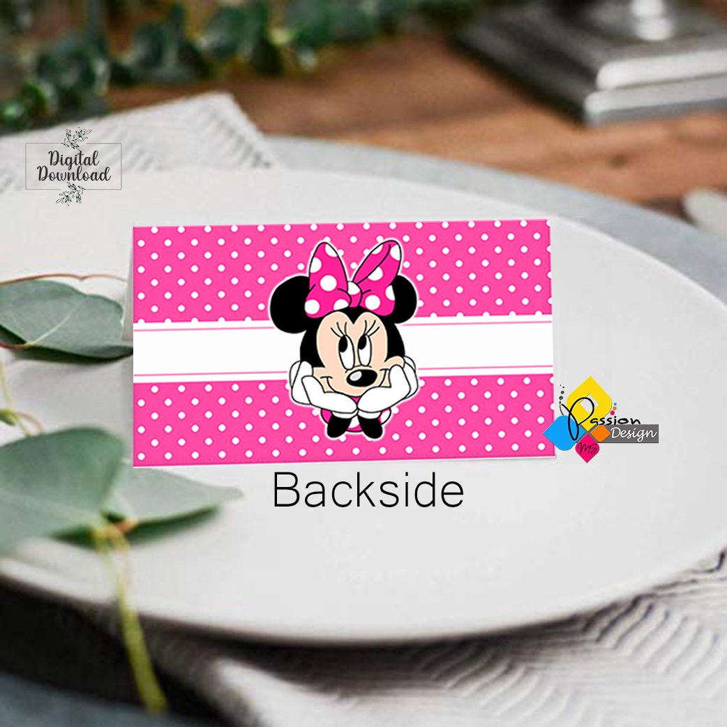 印刷可能なミニーマウスの誕生日パーティーの席札テント。編集可能な