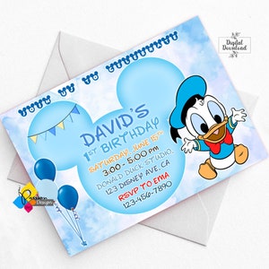 Printable Baby Donald Duck Blue First Birthday Invitation. Personalized Donald Duck Invite. Digital Baby Donald Duck Birthday Invitation