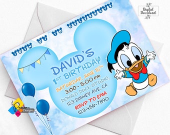 Convite para primeiro aniversário azul do Pato Donald Bebê para impressão. Convite personalizado do Pato Donald. Convite Digital Bebê Aniversário Pato Donald