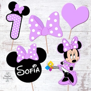 Topos de bolo de aniversário roxos da MINNIE MOUSE para imprimir. Centros de mesa para festa. Decorações de mesa. Adereços para fotos. Decorações personalizadas da Minnie Mouse.