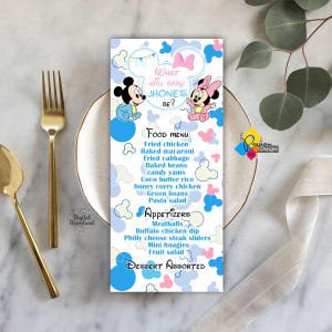 Menu du dîner imprimable Minnie et Minnie Mouse bleu ROSE révélant le sexe. Carte de menu pour baby shower. Menu personnalisé pour baby shower Mickey Minnie Mouse