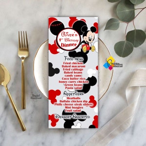Menu imprimable du dîner pour bébé Mickey Mouse rouge. Carte de menu anniversaire Mickey Mouse rouge noir. Modèle de menu personnalisé pour baby shower Mickey Mouse