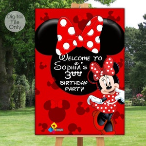 Cartel de bienvenida de cumpleaños de MINNIE MOUSE ROJO para imprimir. Cartel de bienvenida de Minnie Mouse personalizado. Póster digital de Minnie Mouse. Decoración de fiesta de Minnie Mouse
