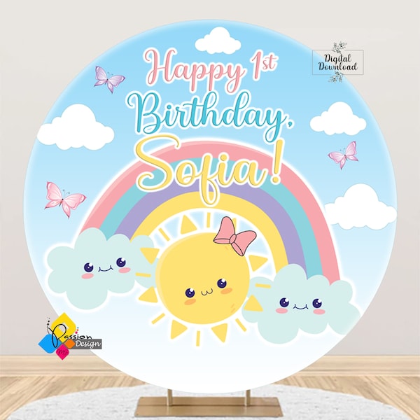 Printable SUN RAINBOW Birthday Backdrop Circle. Custom Birthday Circle Banner First Trip Around the Sun. Sun Rainbow Butterflies Background