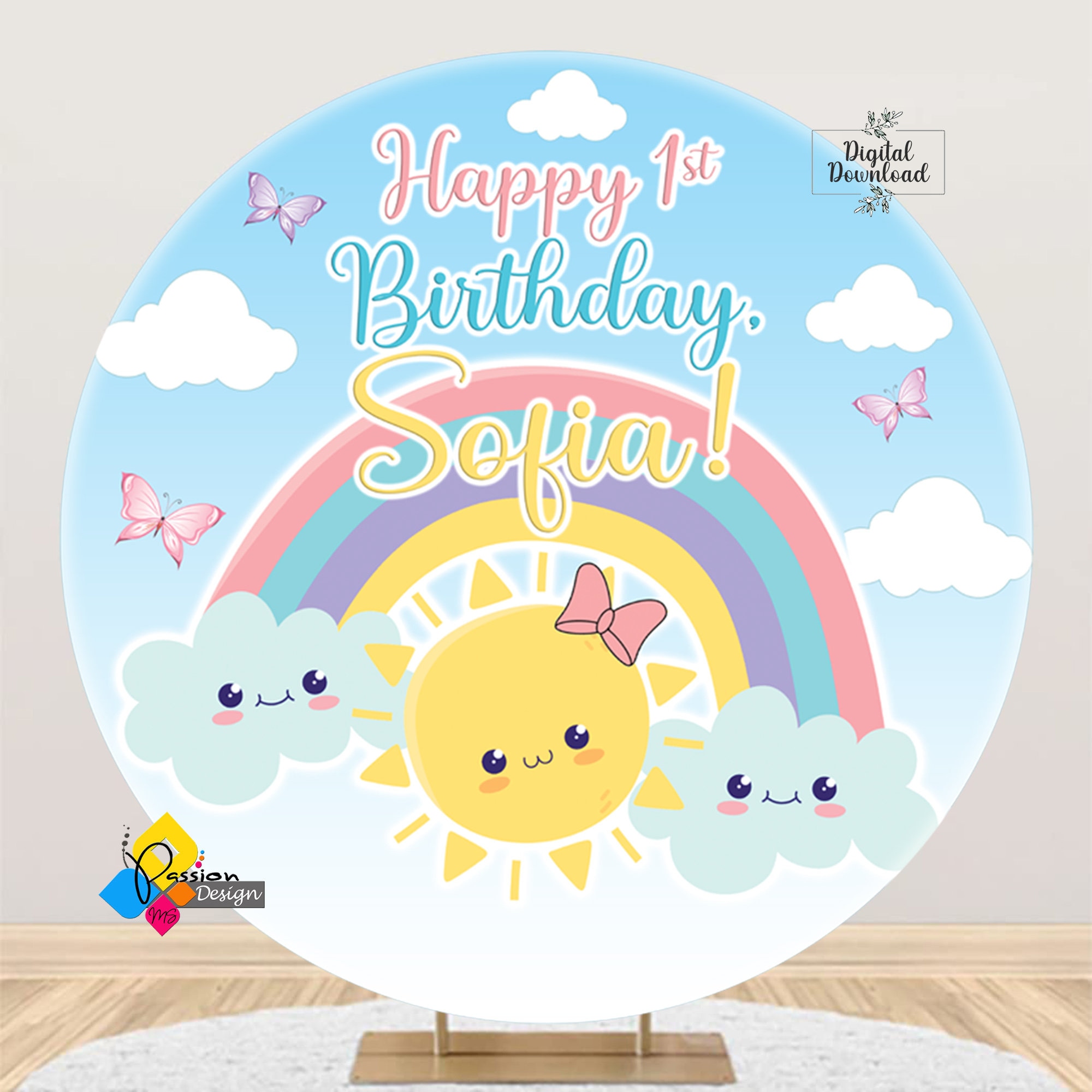 Printable SUN RAINBOW Birthday Backdrop Circle Custom Birthday Circle Banner First Trip Around the Sun Sun Rainbow