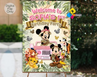 Placa de boas-vindas imprimível para festa de aniversário da Minnie Mouse com tema Safari. Placa personalizada para festa de aniversário da Minnie Mouse com tema Safari. Pôster rosa de aniversário da Minnie Mouse.