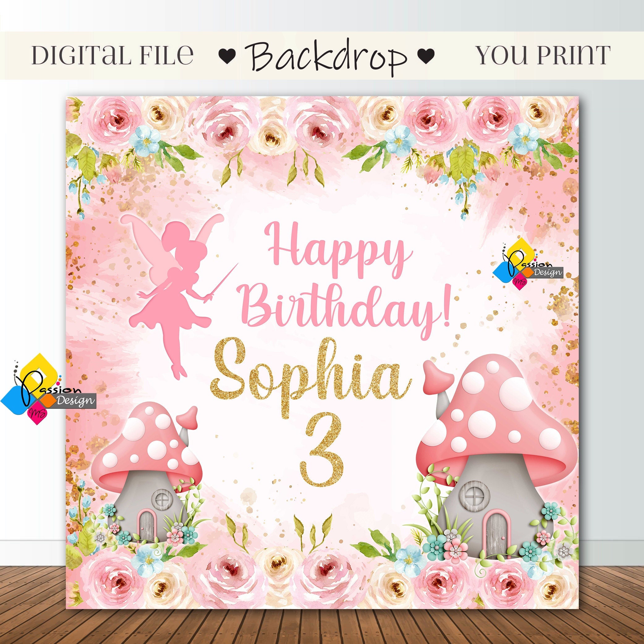 Printable FAIRY Pink PASTEL COLOR and Gold Glitter Backdrop Fairy Birthday Party Decoration Custom Fairy Banner Pink Flowers