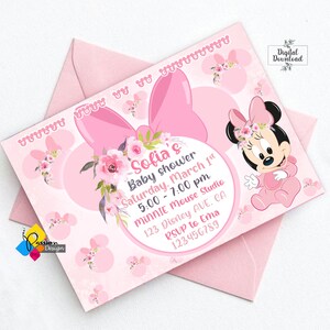 Printable MINNIE MOUSE Baby Shower Floral Invitation. Custom Pink Minnie Mouse Baby Shower Invite. Digital Minnie Mouse Baby Shower Invite