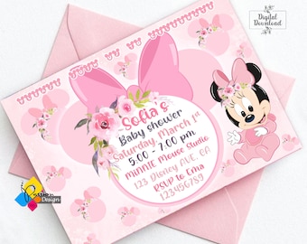 Printable MINNIE MOUSE Baby Shower Floral Invitation. Custom Pink Minnie Mouse Baby Shower Invite. Digital Minnie Mouse Baby Shower Invite