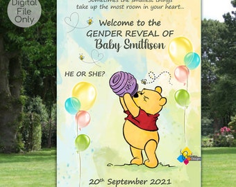 Printable Winnie The Pooh GENDER REVEAL Welcome Board. Boy or Girl / He or She Party Decoration. Winnie The Pooh Gender Reveal Party Sign.