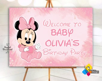 Printable Baby MINNIE MOUSE First Birthday Welcome Board. Custom MINNIE Mouse Party Sign. Digital Minnie Mouse Poster. Minnie Mouse Birthday