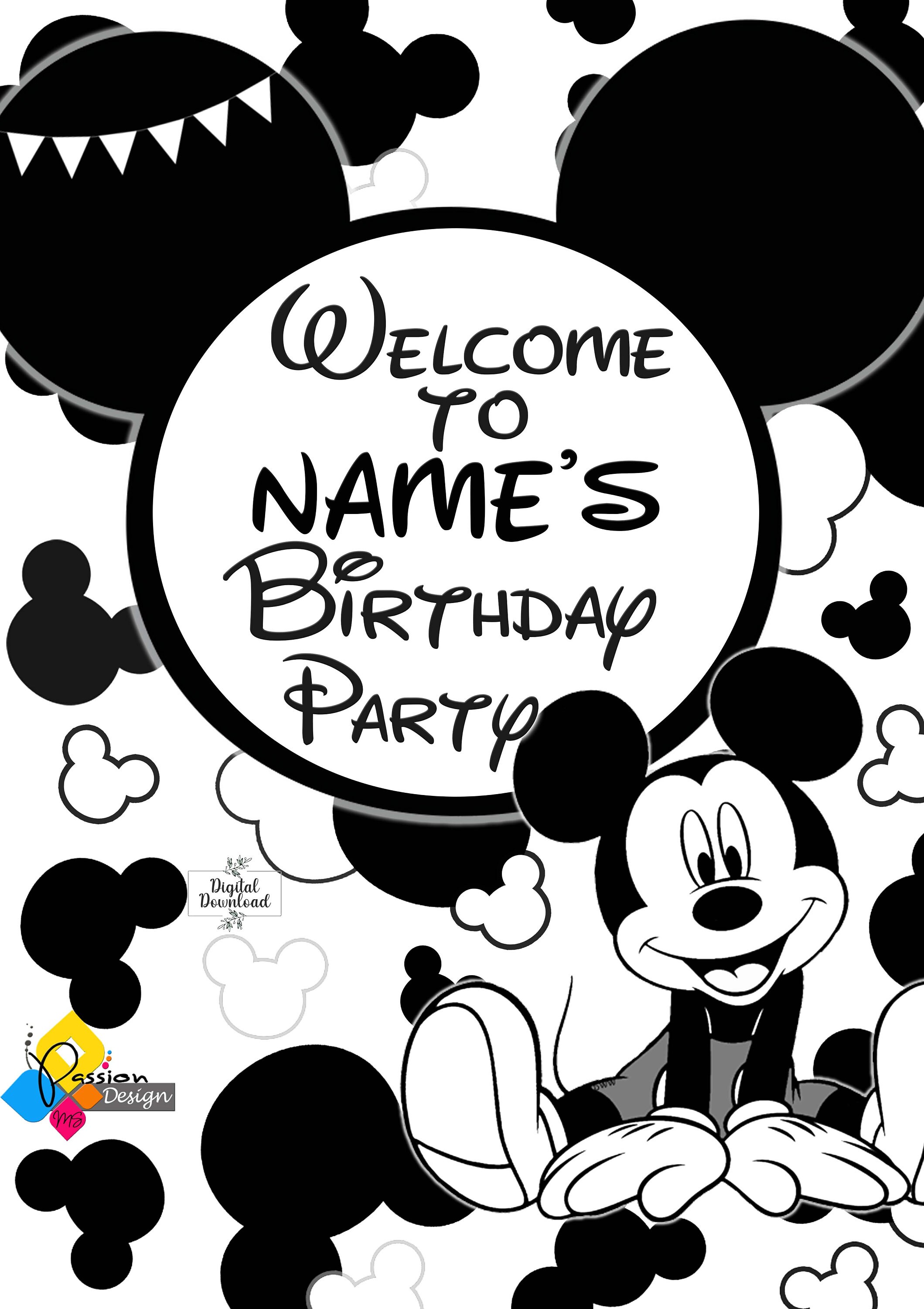 印刷可能なミッキーマウスの誕生日ウェルカムボードモノクロ。カスタム