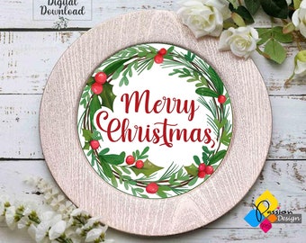 Printable Merry Christmas Charger Plate Insert. DIY Christmas Party Decor. Instant Download Digital File. Christmas Watercolor Wreath
