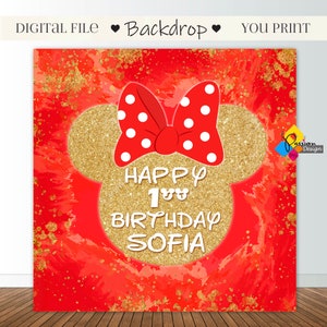 Printable MINNIE MOUSE Red Gold Birthday Backdrop. CUSTOM Minnie Mouse Red Gold Party Background. Minnie Mouse Birthday 6,5x6,5 Party Banner