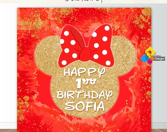 Printable MINNIE MOUSE Red Gold Birthday Backdrop. CUSTOM Minnie Mouse Red Gold Party Background. Minnie Mouse Birthday 6,5x6,5 Party Banner