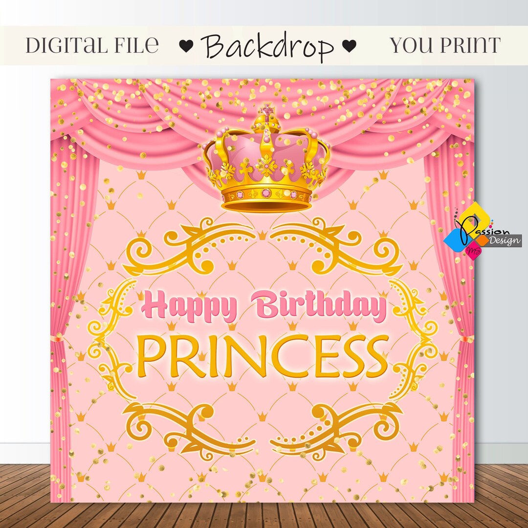 Digital PRINCESS Pink Gold Glitter Backdrop. Princess Birthday Party ...