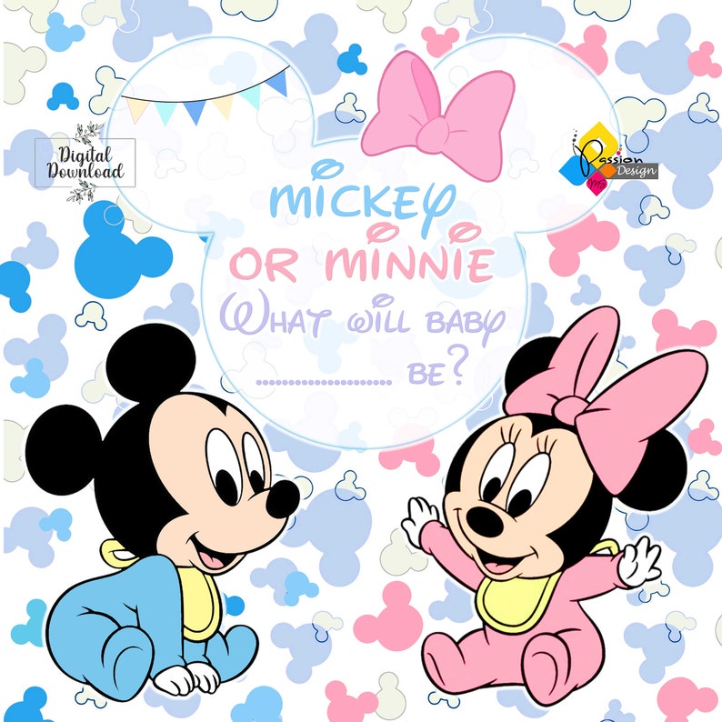 Digital Mickey Or Minnie Mouse GENDER REVEAL Backdrop. Boy or Girl / He or She Party Pastel Colors Background. Custom Gender Reveal Banner image 3