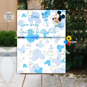 Póster Imprimible de Fecha de Vencimiento de MICKEY MOUSE Bebé. Juego personalizado de baby shower de Mickey Mouse. Adivina la fecha de nacimiento del bebé. Calendario de fecha límite para baby shower