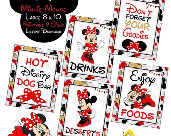 Printable Minnie Mouse 9 Birthday Party Signs. Instant Download Minnie Mouse Large 8 x 10 Sign Package. Digital Set Minnie Mouse Party Signs