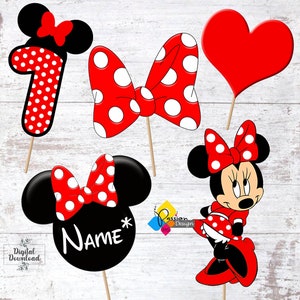May include: Set of six red and black Minnie Mouse themed photo booth props. The props include a large number one, a bow, a heart, a Minnie Mouse head, a Minnie Mouse head with the word "NAME" on it, and a full-body Minnie Mouse.