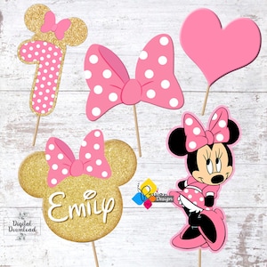 Printable MINNIE MOUSE Pink Gold Birthday Cake Toppers. Party Centerpieces. Minnie Photo Props. Custom DIY Minnie Mouse Table Decorations.
