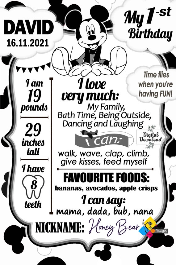 印刷可能なミッキーマウスのモノクロマイルストーンボード