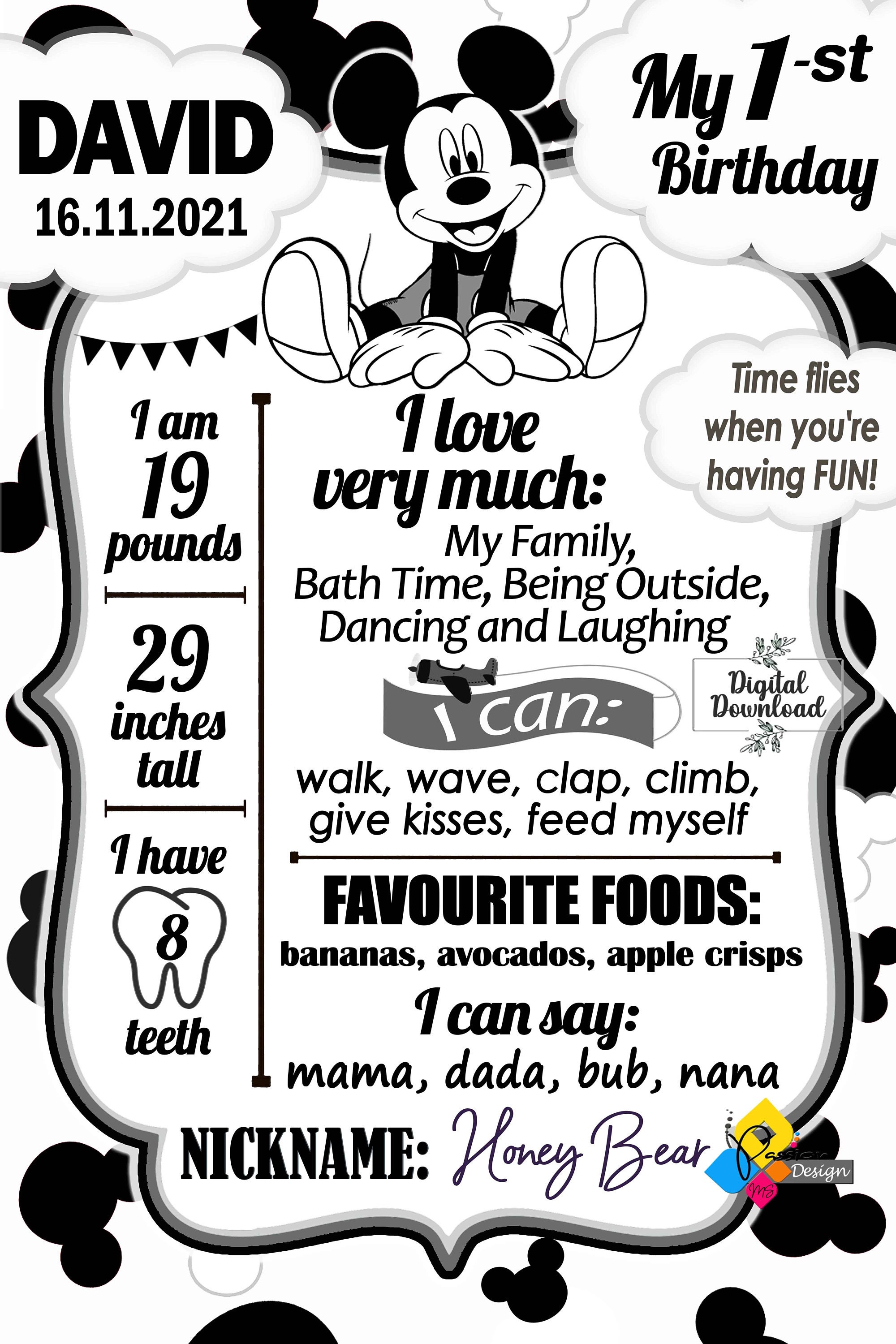 印刷可能なミッキーマウスのモノクロマイルストーンボード