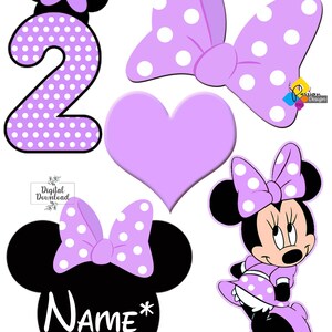 May include: Purple and white polka dot Minnie Mouse themed party decorations. The set includes a number 2, a bow, a heart, a Minnie Mouse head with a bow, and a full-body Minnie Mouse image. The Minnie Mouse head has a space for a name.
