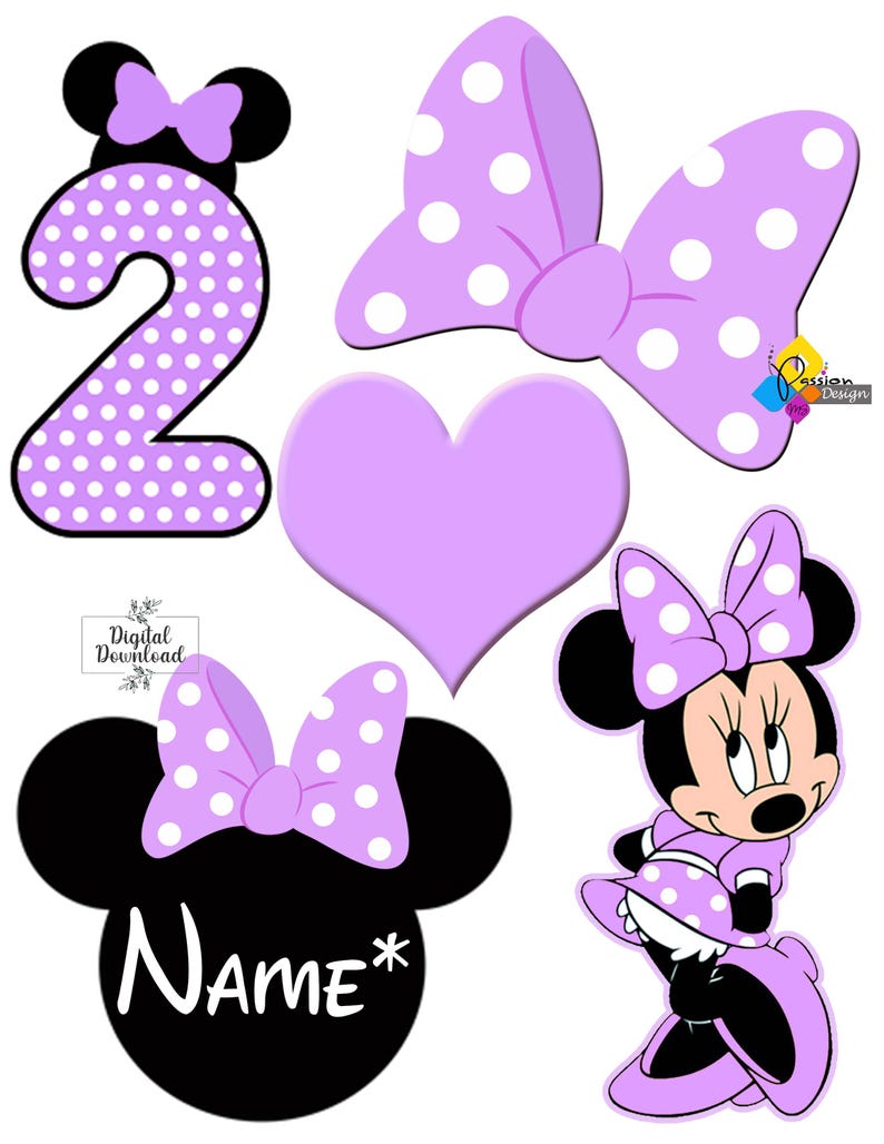 May include: Purple and white polka dot Minnie Mouse themed party decorations. The set includes a number 2, a bow, a heart, a Minnie Mouse head with a bow, and a full-body Minnie Mouse image. The Minnie Mouse head has a space for a name.