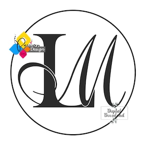 May include: A black and white monogram design featuring the letters "LM" in a stylized script font. The letters are enclosed in a circle with a black outline. The text "Passion Design" and "Digital Download" are also included in the image.