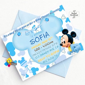 Printable Mickey Mouse Baby Blue Baby Shower Invitation. Personalized Mickey Mouse Invite. Digital Mickey Mouse Baby Shower Invitation