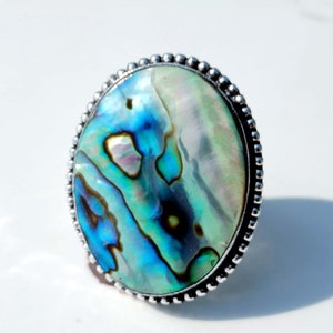 Ring van topkwaliteit !! Abaloneschelpring, 925 sterlingzilveren ring, grote ring, edelsteenring, boho-ring, damesring, handgemaakte ring // S@le