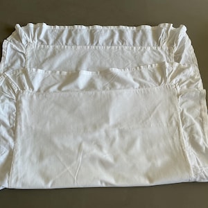 Könnte beinhalten: Ein rechteckiger weißer Kissenbezug mit einem gerüschten Rand entlang der Kanten. Der Stoff ist schlicht weiß mit einer glatten Textur, und der gerüschte Besatz fügt dem Umfang des Kissenbezugs ein dekoratives Element hinzu, das einen Lagen-Look erzeugt.
