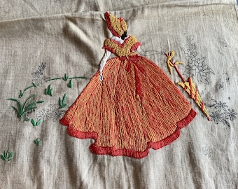 Sustainable vintage unfinished piece of linen embroidery, suitable for repurposing