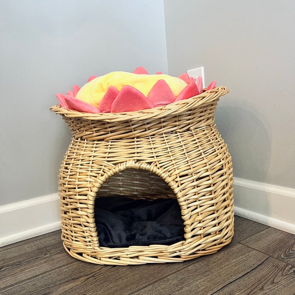 Lotus Flower And Woven Wicker Cat House Bed Cat Condo