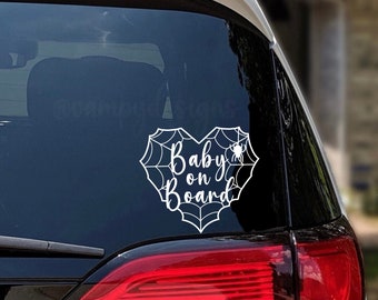 Baby On Board Vinyl Car Decal | Spooky Halloween Cute Spiderweb Heart Goth | DIY Vinyl Decal