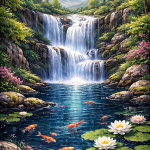 Op de afbeelding: Landschapsschilderij van een waterval die in een serene vijver stort. Het water is kristalhelder en weerspiegelt de lucht en het omringende groen. Koi-karpers zwemmen tussen waterlelies en witte lotusbloemen.